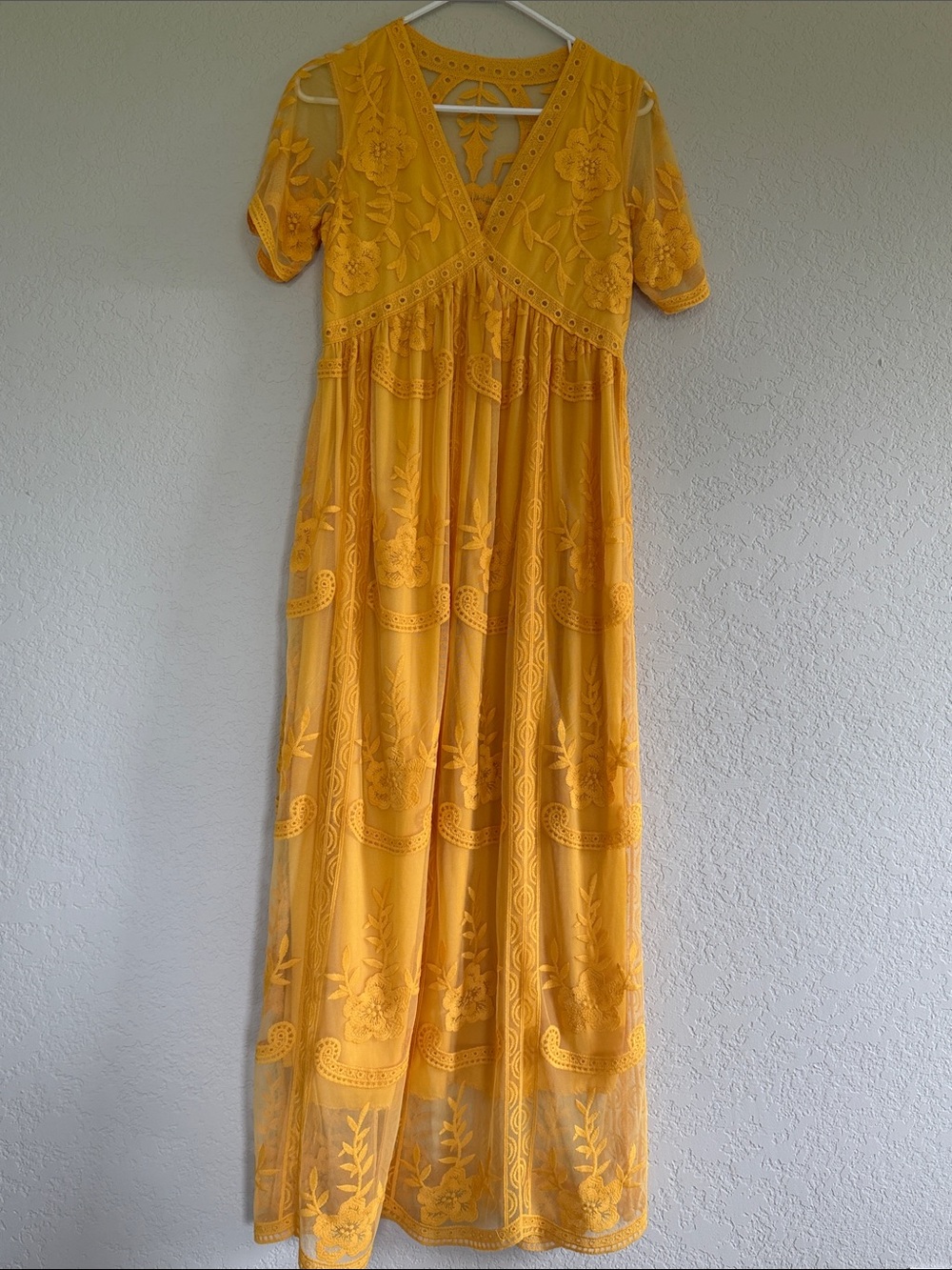 Yellow Embroidered V-Neck Maxi Dress